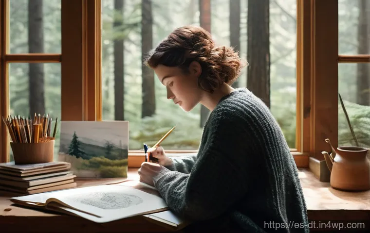 창작자 레지던시 신청 전 알아야 할 사항 - **Prompt for Creative Solitude in Nature:**
    A female artist in her late 20s, with short, curly b...