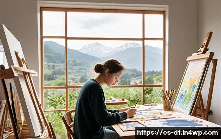 창작자 레지던시 프로그램의 운영과 전망 - **Prompt:** A serene, sunlit artist's studio. In the center, a focused artist, dressed in comfortabl...