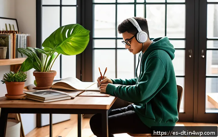 창작자 레지던시 참여를 위한 시간 관리 - A cozy creative workspace bathed in soft natural light filtering through large windows, featuring a ...