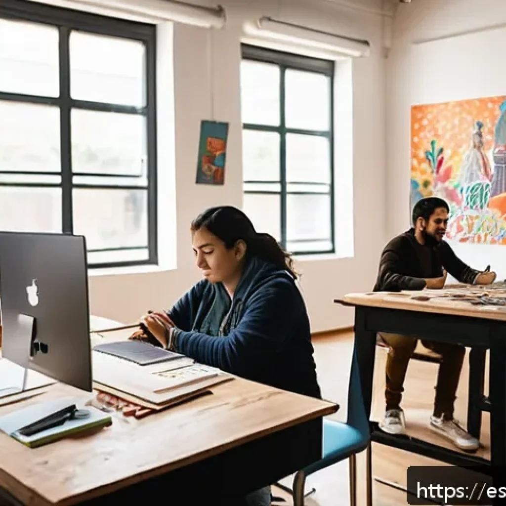 창작자 레지던시 진행 과정 설명 - A diverse group of artists in a bright, spacious creative residency studio located in Mexico City, f...