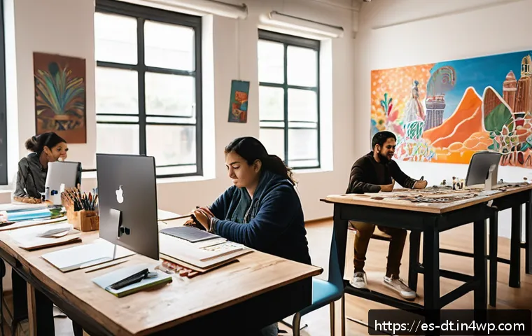 창작자 레지던시 진행 과정 설명 - A diverse group of artists in a bright, spacious creative residency studio located in Mexico City, f...