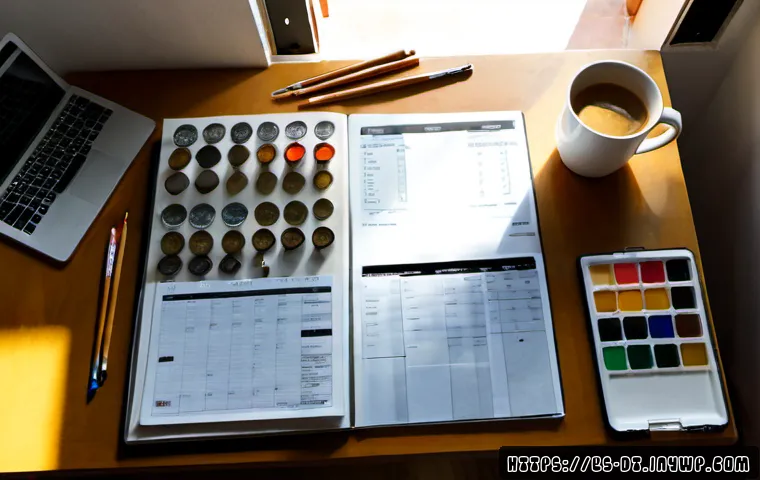 Home 17 창작자 레지던시 추천 자료 목록 - Photorealistic overhead view of a Spanish-speaking visual artist’s residency planning desk in a sunl...
